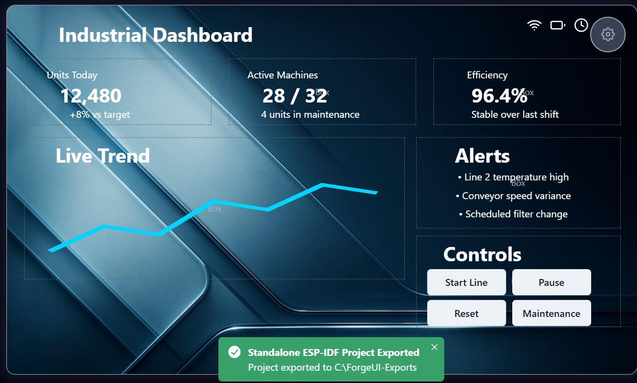 Standalone ESP-IDF Export ForgeUI Starter interface preview